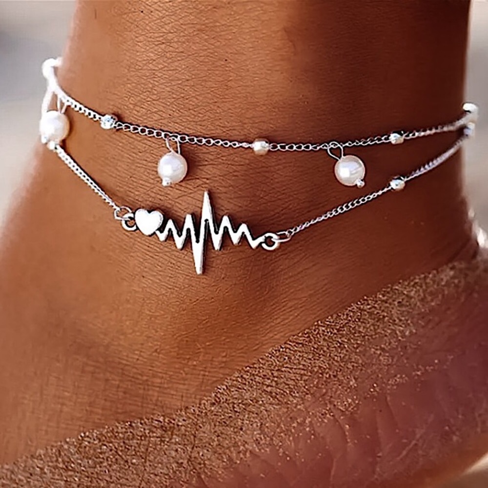 💜10/$25💜NEW 2 Layered Heartbeat Pearled & Beaded Chain Anklet - Picture 1 of 8